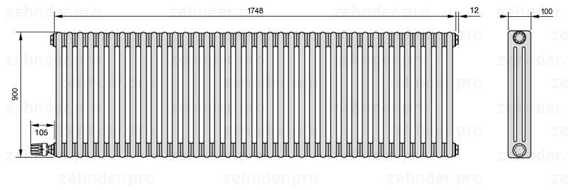 Схема (чертеж) Радиатор Zehnder Charleston 3090/38 №V003 Белый глянцевый RAL 9016